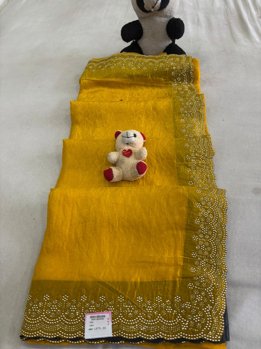 SKU;RF277 RAJ FASHION FANDY CHIFFON SAREE PALEN HEAVY BORADER HALDI SAREE