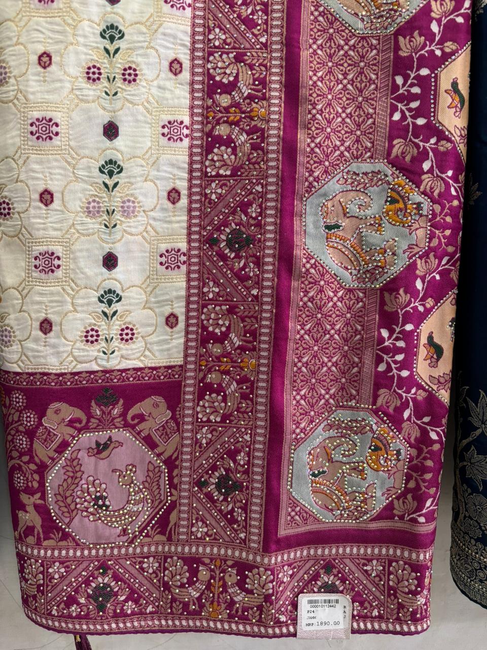 SKU; RF321 RAJ FASHION PASMINA SILK SAREE PREMIUM WHITE WITH PURPAL COLOR