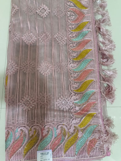 SKU ;RF44 RAJ FASHION ORGANZA EMBROIDERY WITH SIROSKI SAREE PREMIUM
