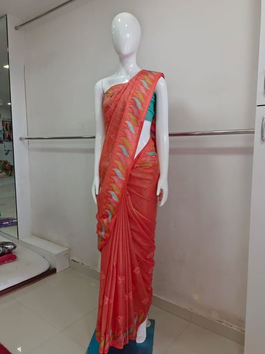 SKU ;RF44 RAJ FASHION ORGANZA EMBROIDERY WITH SIROSKI SAREE PREMIUM