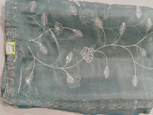 SKU ;RF 112 RAJ FASHION STONE BORDER CHIKANKARI JIMMY CHHO SAREE